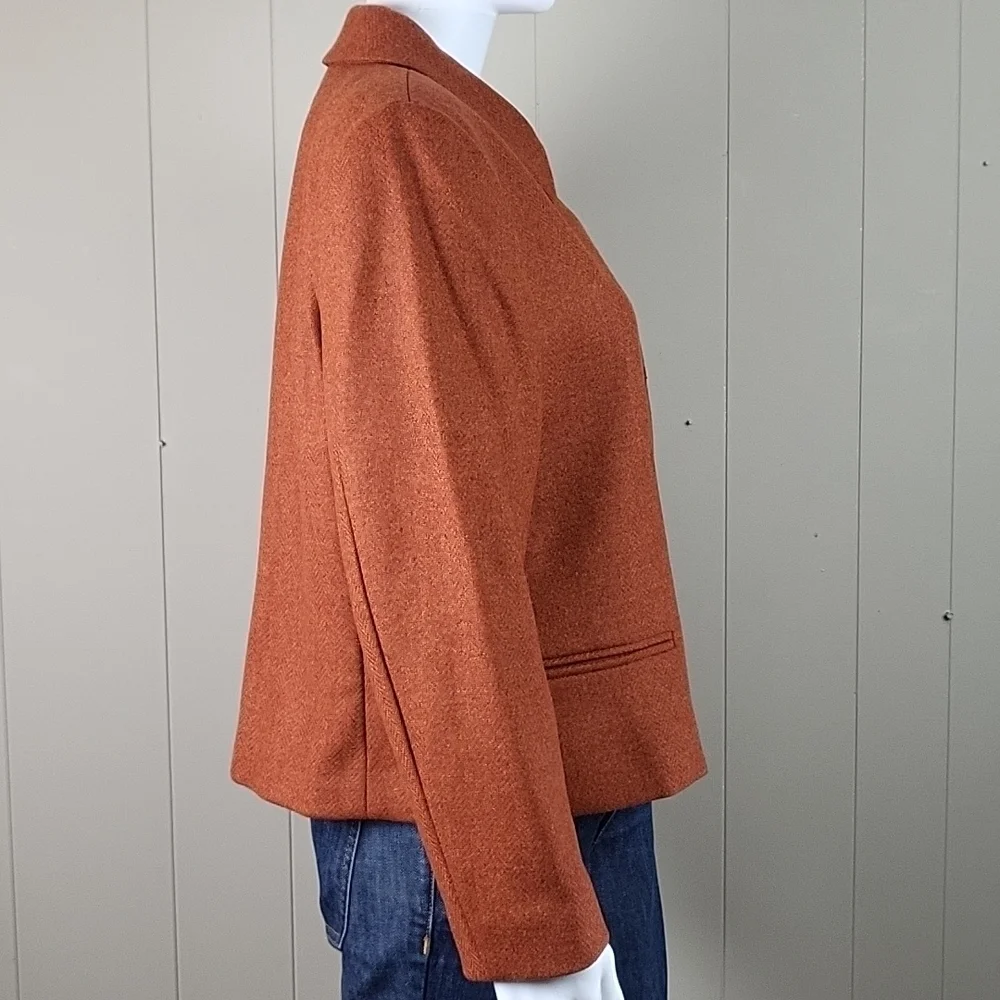 Lands End 100% Wool Tweed Burnt Orange Button Front Jacket Blazer